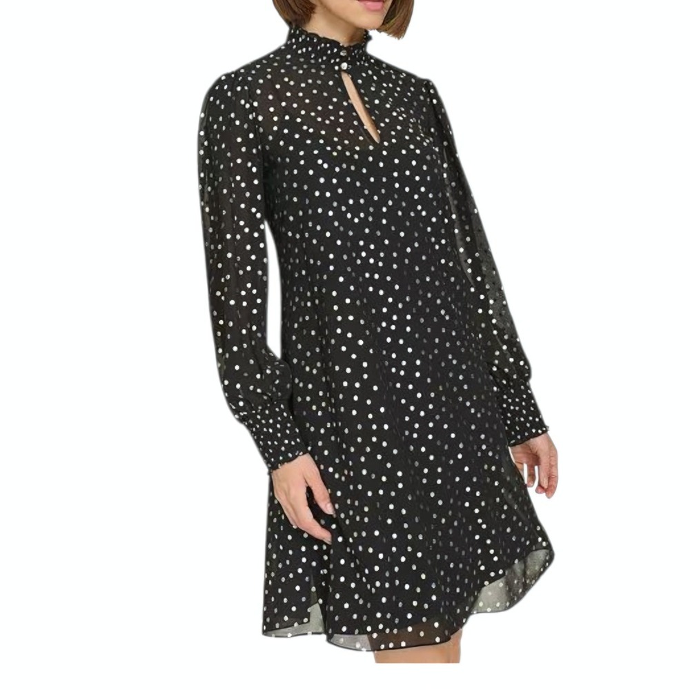 Tommy‎ Hilfiger Women's Foil Dot Chiffon Smocked Trim Dress Black Size 6